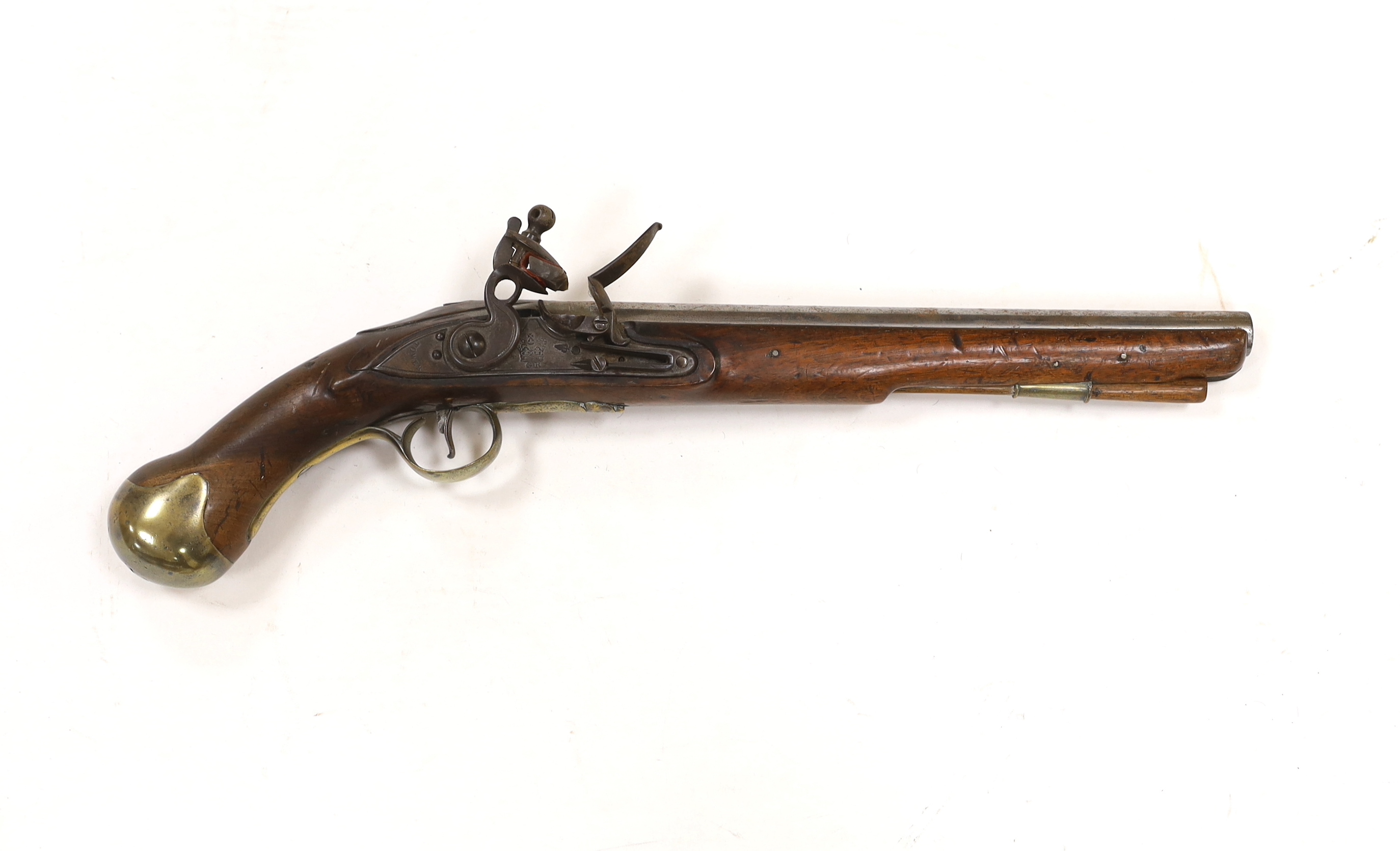 An early 19th century flintlock pistol, fully stocked with Tower proofs and crown over GR stamp to lock, plain brass butt cap and trigger guard